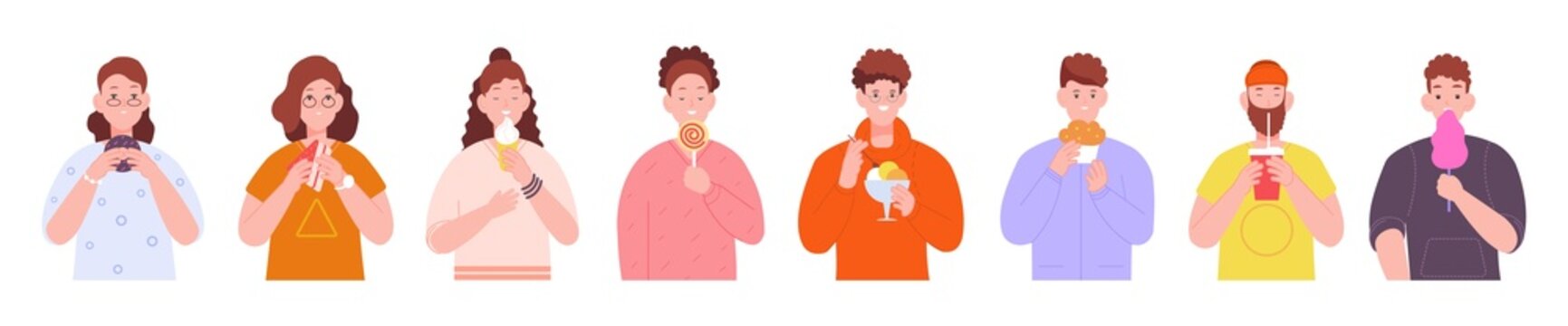 People Meal Desserts. Girl Eating Icecream, Young Man With Eaten Birthday Cake Sugar Cream, Person Eat Food Drink Sweet Desserts Restaurant, Cartoon Splendid Vector Illustration