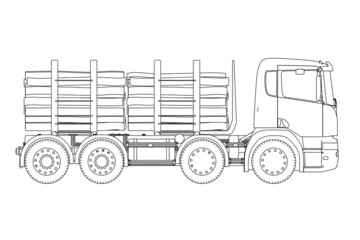 Detailed outline of a truck with wood from black lines isolated on a white background. Side view. Vector illustration