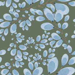 Hand Drawing Watercolor Abstract blue branches Seamless Pattern isolated on green background. Use for poster, card, template, print, design, textile, fabric, packaging, interior, wedding, invitation