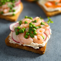Shrimp toast with cream cheese, radish and green pea