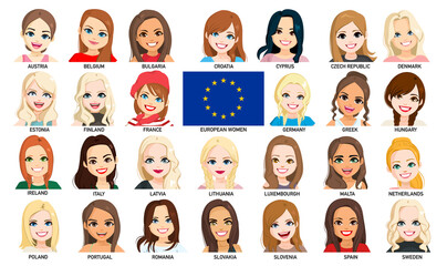 Obraz na płótnie Canvas Set face avatar collection of European Women