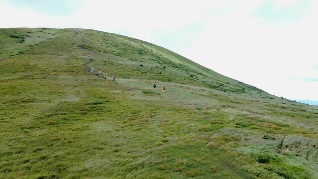 Beautiful hiking in Carpathian Mountain. Aerial View. Ukraine.