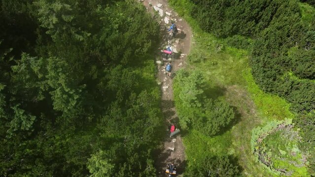 Beautiful hiking in Carpathian Mountain. Aerial View. Ukraine.