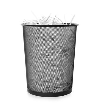 Trash Bin With Shredded Paper Strips Isolated On White