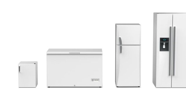 Group of different refrigerators on white background