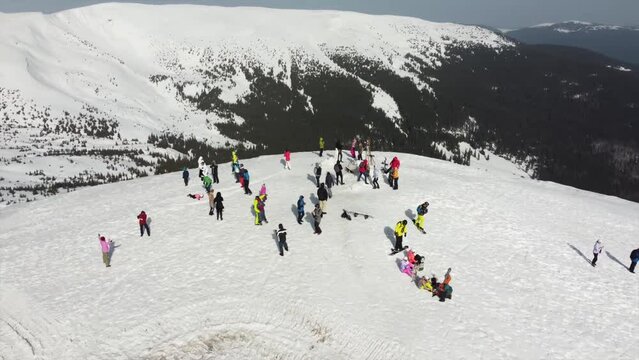 Skiers On the Top of the Mountain. Carpatian. Dragobrat. Aerial View