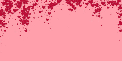Red heart love confettis. Valentine's day falling rain adorable background. Falling stitched paper hearts confetti on pink background. Energetic vector illustration.