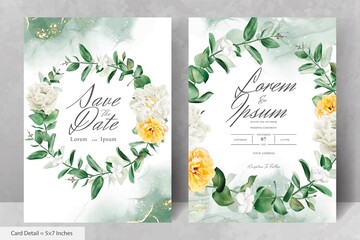 Watercolor Floral Wreath Wedding Invitation Card Template with Realistic Flower and Leaves