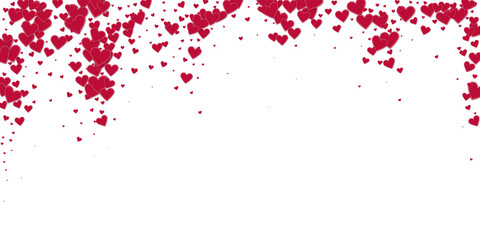Red heart love confettis. Valentine's day falling rain alluring background. Falling stitched paper hearts confetti on white background. Energetic vector illustration.