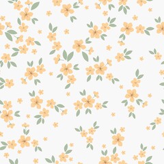 Seamless vintage pattern. light orange flowers , green leaves . white background. vector texture. fashionable print for textiles, wallpaper and packaging.