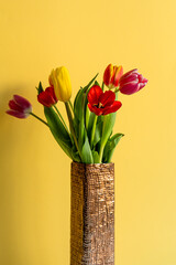 Multicolored tulips on yellow background with copy space for text. Bouquet of spring flowers. Isolated on yellow background.  Mother's Day, Valentines, Anniversary, Easter, Birthday.