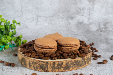 coffee flavor macaroons with coffee beans on wood, french cookies