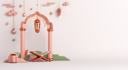Islamic decoration background with Koran, window mosque, cartoon style, ramadan kareem, mawlid, iftar, isra  miraj, eid al fitr adha, muharram, copy space text area, 3D illustration.