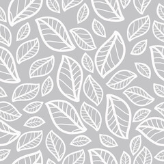 Simple vintage pattern. Gray background, white leaves with veins . Print is well suited for textiles, banners and Wallpapers, packaging.