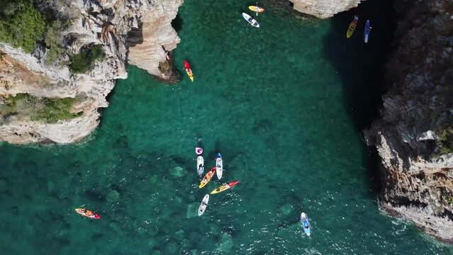 People on SUP Board. Montenegro Beautiful Aerial View.