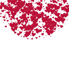 Fototapeta na wymiar Red heart love confettis. Valentine's day semicircle enchanting background. Falling stitched paper hearts confetti on white background. Dazzling vector illustration.