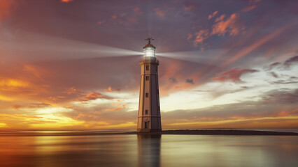 lighthouse at sunset with light rays - 495405214