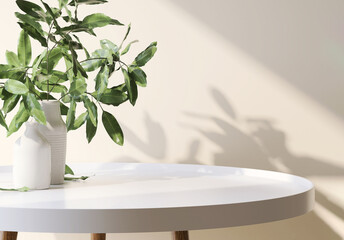 Realistic 3D render, A white round coffee table with green decor leaf plants in a vase with morning sunlight and beautiful foliage leaves shadow on beige wall. Background, Mock up, Products overlay.