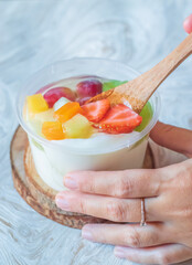 Fruit fresh mixed tropical fruit salad. Bowl of healthy fresh fruit salad