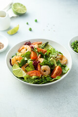 Healthy green salad with shrimps and avocado