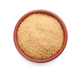 Bowl with brown sugar isolated on white, top view