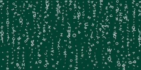 Falling letters of English language. Chalk handdrawn flying words of Latin alphabet. Foreign languages study concept. Ecstatic back to school banner on blackboard background. © Begin Again