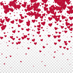 Red heart love confettis. Valentine's day gradient uncommon background. Falling stitched paper hearts confetti on transparent background. Exotic vector illustration.