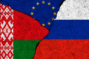 Sanctions against Russia and Belarus. Conflict in Ukraine concept background with flags