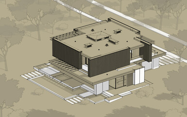 3d rendering of modern cozy house with parking and pool for sale or rent with wood plank facade.  Black line sketch with white spot and hand drawing entourage on craft background