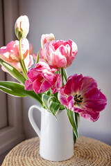 Pink open tulip flower blooming bouquet with green fresh stems in a white porcelain jar on a white wall background. Vibrant colourful botany floral home decor idea.