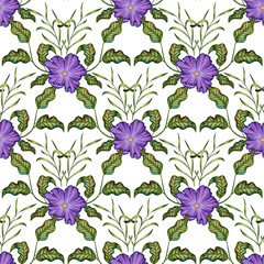 Violet Flowers and Leaves Geometric Seamless Pattern