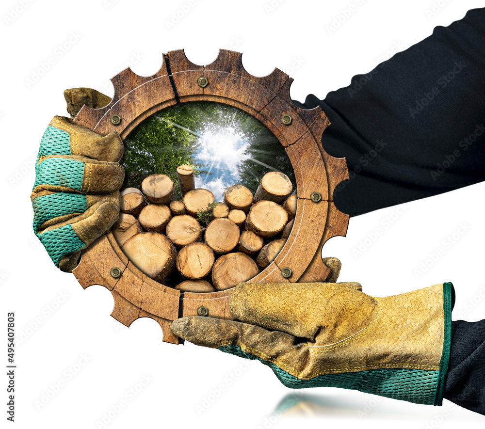 Poster manual worker with work gloves holding a wooden cogwheel with a group of trunks of trees cut and sta