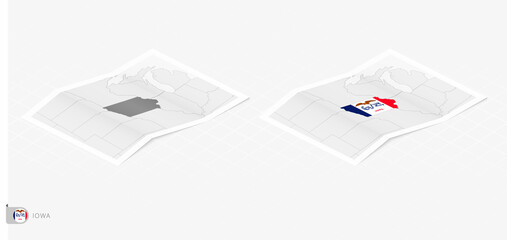 Set of two realistic map of Iowa with shadow. The flag and map of Iowa in isometric style.
