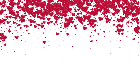 Red heart love confettis. Valentine's day falling rain unequaled background. Falling stitched paper hearts confetti on white background. Dramatic vector illustration.