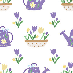 Purple watering can, garden planter with polka dots for flowers, tulips yellow and lilac colors, green leaves. Seamless vector pattern on a white background. Drawing in simple cartoon style graphic