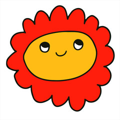 vector character - a retro flower with a face.Psychedelic kid core 70s and 80s.Logo for an organic company, florist, garden, farm. Tattoo template.Quirky isolated floral logotype sticker.Childish dude