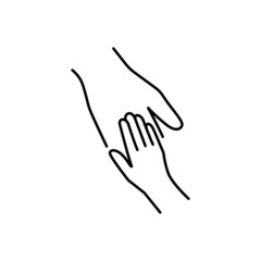 Helping hand, charity, solidarity linear icon. Symbol of interaction, helping children, volunteer. Design element for logo. Black vector outline icon