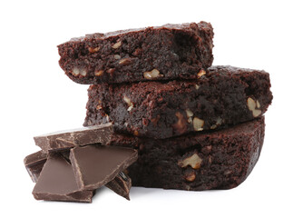 Delicious brownies with nuts and pieces of chocolate on white background