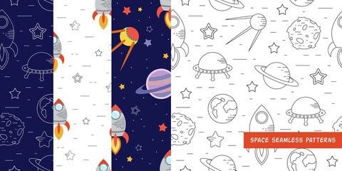 Set seamless pattern of planets, rockets and stars