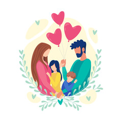 Family together. Dad, mom, daughter, son hugging. Love, family. Vector flat illustration