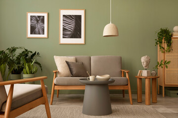Elegant composition of living room interior. Modern scandi sofa, side table, rattan commode, plants and creative personal accessories. Sage green wall. Template. Copy space.