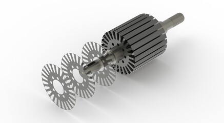 Rotor assembly for electric motor, exploded view, shaft and sheet metal stack on white background, 3d rendering