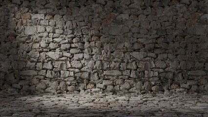 Old stone wall on stone ground with ray of spot light.
3d illustration. - 495409827