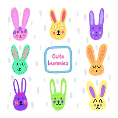 Set of multi-colored bunnies in a hand-drawn style on a white background