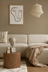 Stylish interior with design neutral modular sofa, mock up poster frames,  rattan armchair, coffee...
