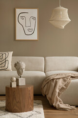 Stylish interior with design neutral modular sofa, mock up poster frames,  rattan armchair, coffee tables and elegant personal accessories in modern home decor.