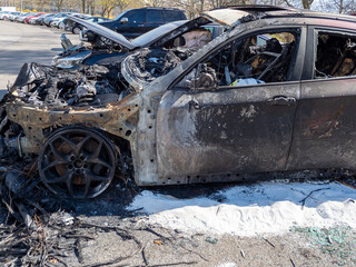 City car burned. Burnt out car.