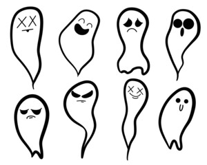 Ghosts doodle set. Set of cloth Ghosts. Flying Phantoms. Halloween scary ghostly monsters. Cute cartoon spooky characters.