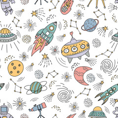 Seamless pattern made with cosmo and space elements. Hand drawn colorful doodles.