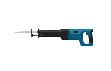 Blue electric sabre saw on a white background. The construction electric tool for the carpenter.